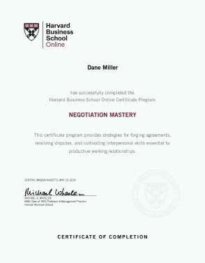 Certificate - HBS Negotiation Mastery Certificate, Harvard University, Cambridge, MA, 2019